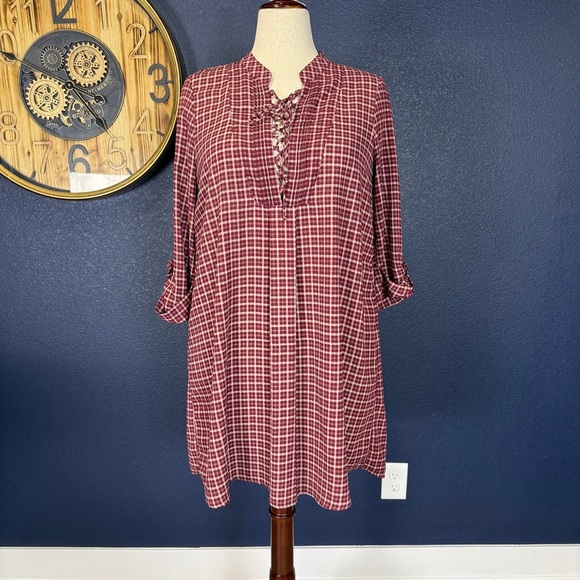 Pink Owl Maroon Plaid Mini Dress with Crochet Detail, Size Large - Picture 1 of 8